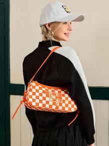 LOONEY TUNES X SHEIN Túi đeo vai buộc dây họa tiết caro thời trang đơn giản cá tính, thích hợp đi học, mua sắm, mặc hàng ngày, phong cách Y2K - trái cam - Xem 8