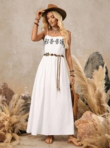 LanaWest Vestido de medio largo de lino y algodón con bordado en estilo occidental para mujeres - Blanco - Ver 4