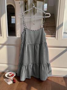 SHEIN EZwear 女式夏季新款格子背带裙，细肩带露背连衣裙 - 黑色 - 查看 3