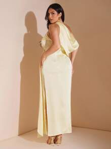SHEIN BAE Plus Size Butter Yellow Summer Elegant Modest Formal Asymmetric Neck Long Satin Dress For Women,Wedding Guest Bridesmaid Birthday Brunch Vacation - Yellow - View 6