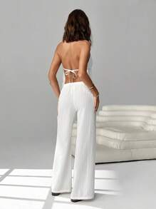 SHEIN EZwear 2 Pieces Outfits Tie Up Halter Neck Backless Tank Top And Wide Leg Drawstring Pants Set Clubwear, Vacation Outfits Women, Beach Outfits For Woman, Rave Outfits, Hawaii Outfits Women Island Vacation Outfits - White - View 2