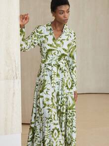 Aveloria Modichic Elegant Olive Green Floral Print Linen Dress For Women,Autumn Tea Party Holiday Bohemian Style,Long Sleeve Button Front Waist Tie Bamboo Nodes Dress - Multicolor - View 1
