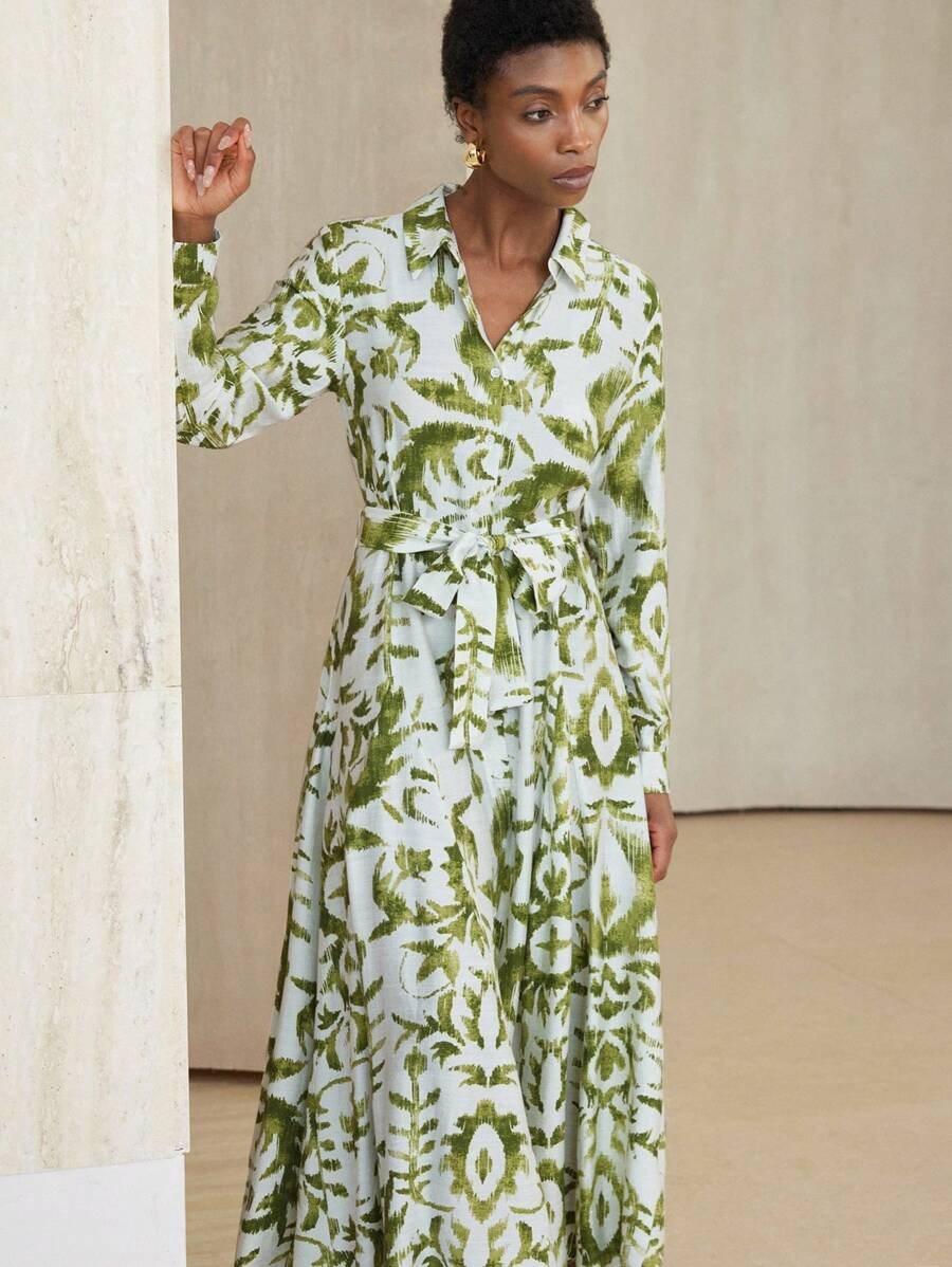 Aveloria Modichic Elegant Olive Green Floral Print Linen Dress For Women,Autumn Tea Party Holiday Bohemian Style,Long Sleeve Button Front Waist Tie Bamboo Nodes Dress - Multicolor - View 1