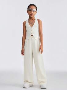 SHEIN Tween Girls Fall/Winter Basic Comfortable Lace Up Beige Top&Wide Leg Pants Sets, Two Pieces Outfits - Apricot - View 6