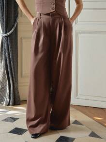 lacRébo 棕色修身阔腿裤，前褶低腰，教师装，办公室装 - 棕色 - 查看 2