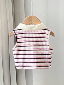 SHEIN 可爱夏季百搭女童针织条纹无袖Polo衫 - 彩色 - 查看 2