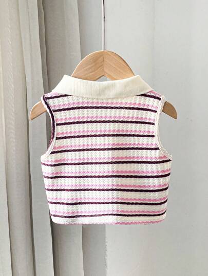 SHEIN 可爱夏季百搭女童针织条纹无袖Polo衫