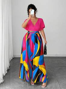 Elenzga Plus Size Women's Spring & Summer Bohemian Beach Resort Casual Travel Style High-End Colorful Asymmetrical Geometric Pattern Print Fashion Gorgeous Sexy Round Neck Ruffle Sleeve Maxi Dress - Multicolor - View 3