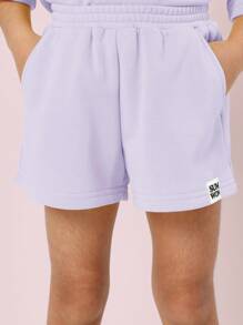 SUMWON 女童夏季套装，梦幻宽松露脐上衣搭配同款短裤，休闲日常街头风童装 - 紫色 - 查看 6