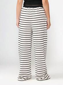 SUMWON Striped Wide Leg Knitted Pants Resort Wear Palazzo Style High Waisted Ribbed Casual Summer Beach Bottoms Cozy Wear Vacation Style - Black and White - View 6