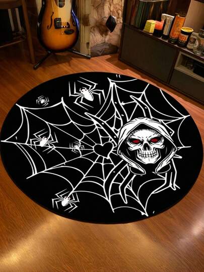 ROMWE 1pc Gothic Style Dark Spider WebRound Floor Mat, Round Halloween Floor Mat ,Theme Party ,Decoration Carpet