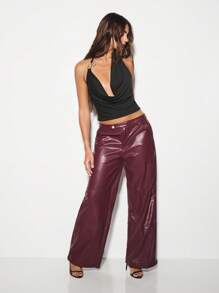 KIZN Weitgeschnittene Fake-Leder-Hose mit weitem Bein, Glockenform, retro Palazzo Stil, elegant für Herbst/Winter, klassisches Design mit hoher Taille, moderne Silhouette, Premium Club Party - Rot-violett - Übersicht 3