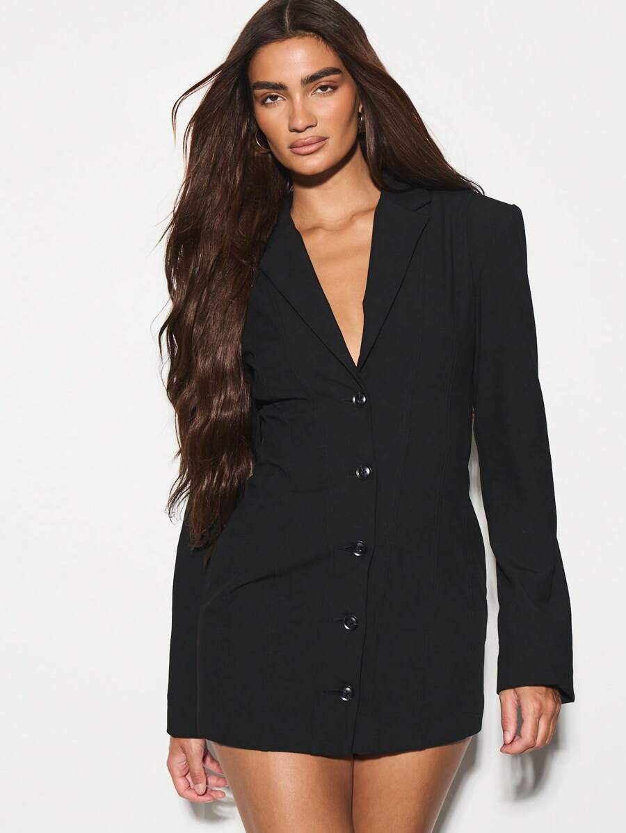 KIZN Áo blazer tay dài, váy ngắn, bộ vest công sở thanh lịch, cài cúc phía trước, kiểu dáng hai hàng khuy, trang phục công sở, dự tiệc, dạ hội. - màu đen - Xem 1