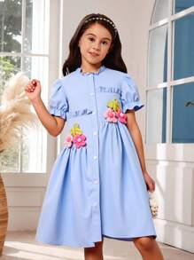 Tween Girl' Asymmetrical 3D Floral Puff Sleeve Sweet & Cute Summer Chiffon Shirt Dress