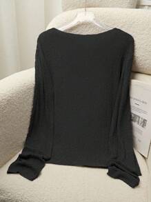 Franclia 女士休闲半透明V领开衫，春夏 - 黑色 - 查看 2