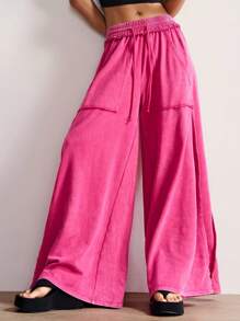 Bohemela 休闲针织雪洗纯色拼接宽松阔腿女裤 粉色裤子 女士亮粉色裤子 带口袋裤子 松紧腰裤子 阔腿裤 - 粉色 - 查看 5