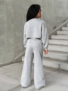 SHEIN 青少年女孩灰色宽松落肩荷叶边运动衫，字母腰带运动裤套装，适合日常、居家、上学休闲装