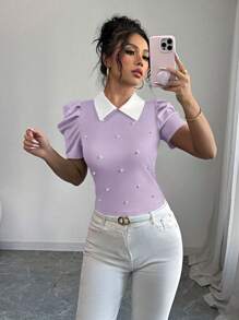 Elenzga 优雅日常穿着领口黑白拼布串珠紧身女式T恤 - 紫色 - 查看 1