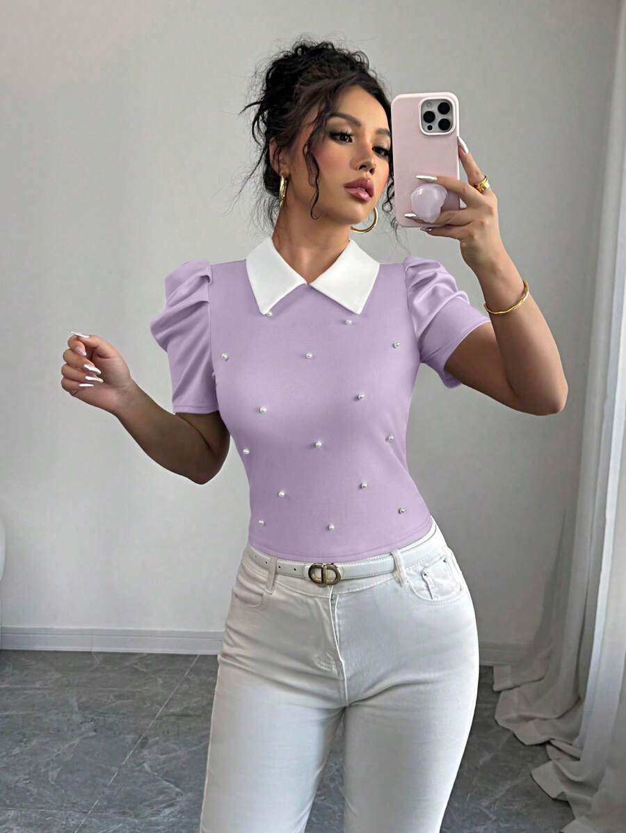 Elenzga 优雅日常穿着领口黑白拼布串珠紧身女式T恤 - 紫色 - 查看 1