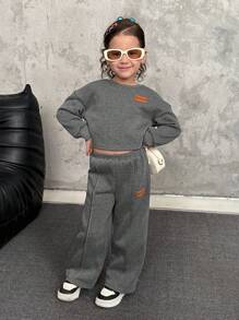 SHEIN 2pcs/Set Young Girls' & Toddler Girls' Casual Loose Drop Shoulder Applique Long Sleeve Sweatshirt And Pleated Long Pants Set, Suitable For Home, Outings, School, Gray - Grey - View 6