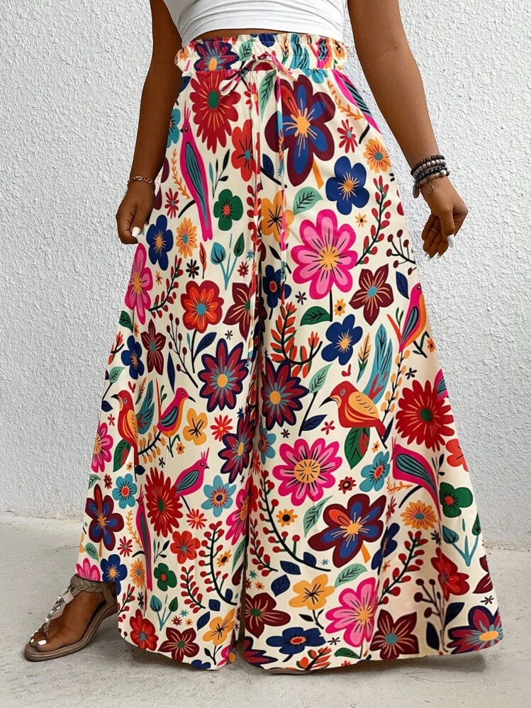 SHEIN Holidaya Pantalon large à imprimé floral coloré grande taille - Rose vif - Voir 3