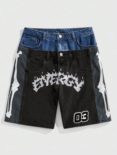 Street Life Men's Double-Layer Waistband Embroidered Graphic Cargo Denim Shorts