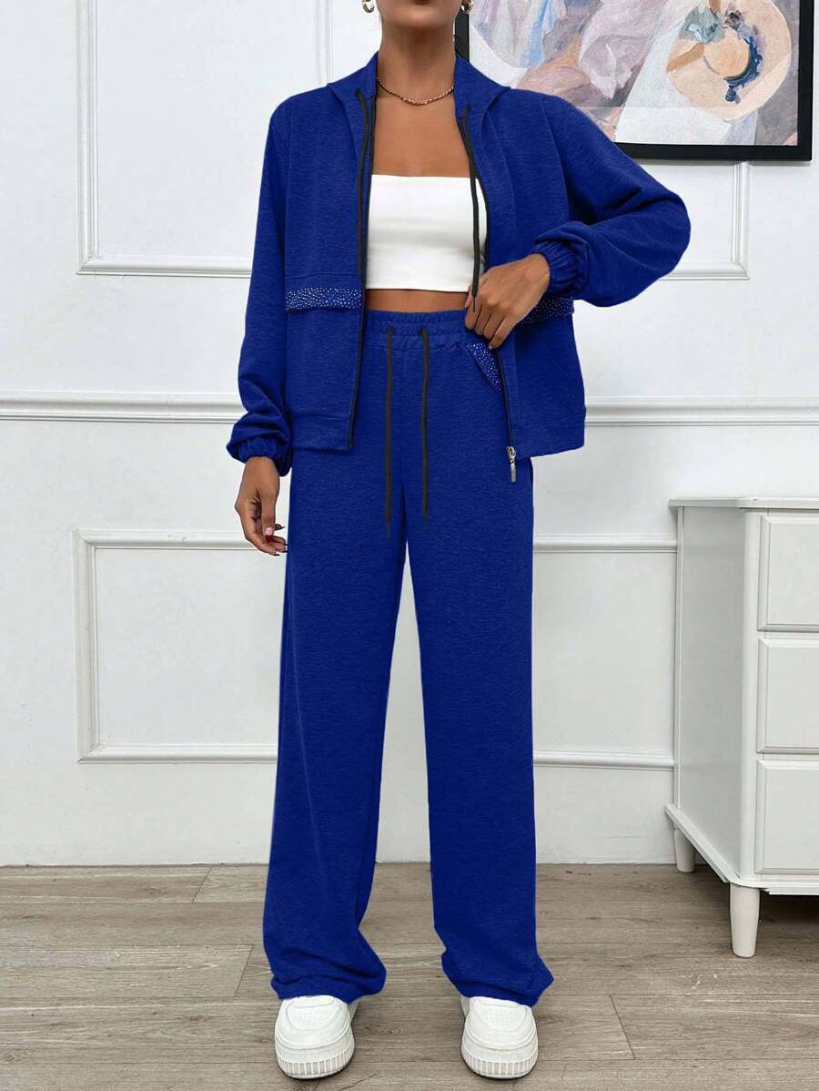 EURMUSE 两件套 两线浅灰色连帽卫衣和运动裤，饰有闪亮宝石 - 藍色 - 查看 1