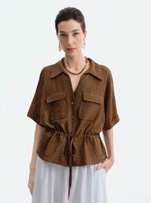 Aalyst Women's French Elegant Minimalist Commuting Office Casual Vacation Comfortable Tea Time Music Festival Beer Festival Plain Linen-Like Collared V-Neck Front Open Waist Drawstring Metal Buckle Decoration Bowknot Dolman Sleeve Cuff Turnover Hem Short Sleeve Crop Top, Coffee