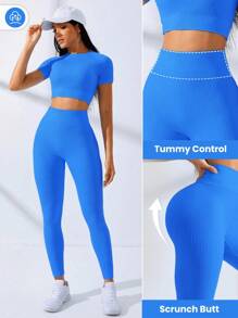 SHEIN Core Rhythm 1 Set Women Solid Color Cropped Top And Leggings Seamless Activewear Sports Suit Ribbed Workout Set Royal Blue Workout Set Matching Workout Set Quick Dry Workout Set Seamless Workout Set - Blue - View 2