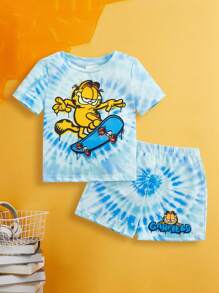 GARFIELD | SHEIN Ensemble t-shirt à manches courtes décontracté et shorts amples avec imprimé de planche à roulettes de dessin animé pour bébé garçon