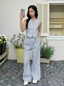 SHEIN Conjunto de Regata e Calça Assimétrica com Decote em V Listrado, Casual para Adolescentes, Confortável e Minimalista
