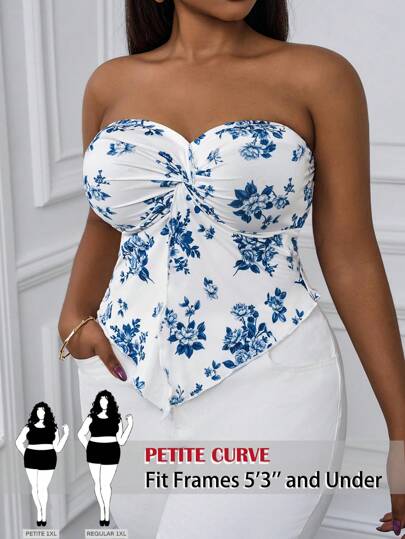 SHEIN PETITE CURVE Plus Size Petite Women Vacation Floral Print Front Slit Chiffon Comfortable Bandeau Top, Suitable For Afternoon Tea, Graduation, Winter Layering, For Summer