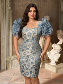 Aureia فستان كوكتيل ضيق بأكمام طويلة ورقبة على شكل قلب، أنيق ورومانسي، مقاس كبير، من قماش الجاكار الأزرق الفاخر، مناسب للحفلات المسائية، والمواعدة، وحفلات الزفاف، والتخرج، والنوادي، والمهرجانات الموسيقية