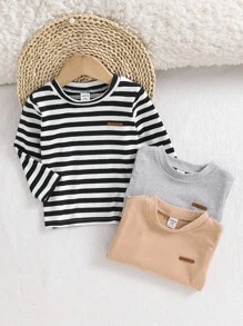 SHEIN 3 Piece Set Baby Boy Crew Neck Long Sleeve Tees,Black And White Striped,Plain,Autumn,Casual,Carrer Day,Back-To-School,Thicker Thermal Lined Soft Tops - Multicolor - View 5