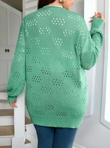 SHEIN Femmes grande taille Cardigan mi-long à manches longues à épaules tombantes, couleur unie, style ajouré