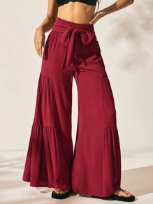 Easelle Boho Women's Clothing Casual Retro Boho Bowknot Wide Leg Pleated Loose And Comfortable Women Long Pants - Red - View 3