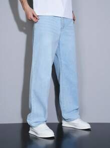 Manfinity Homme 大码男士经典百搭简约休闲第五代水洗牛仔直筒牛仔裤，四季皆宜 - 淺色水洗藍 - 查看 6