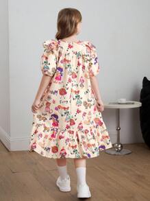 SHEIN Leap Crew Tween Girls Oversized Vintage Cartoon Pattern Ruffle Hem Bubble Short Sleeve Dress - Apricot - View 2