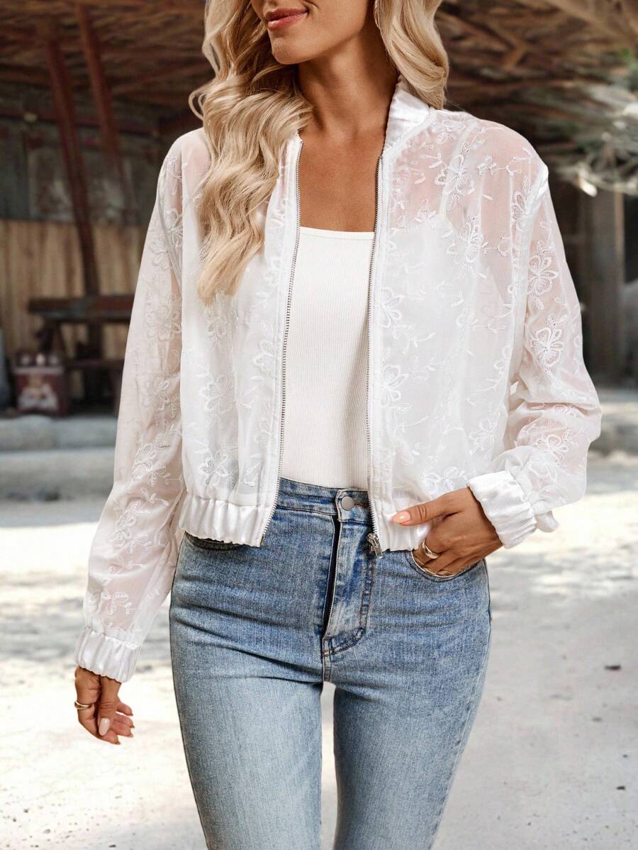 EMERY ROSE Chaqueta de manga larga con cierre de cremallera de corte holgado y casual, versátil para el uso diario de la mujer