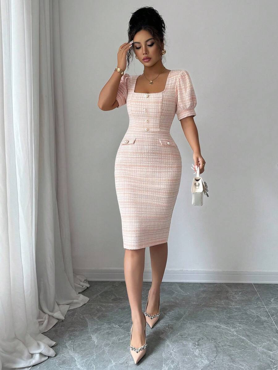 Elenzga Plaid Pattern Square Neck Puff Sleeve Split Back Bodycon Dress - Orange - View 1