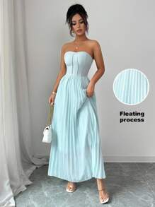 Elenzga Women's Pale Mint Green Ruched Waist Design Midi Dress