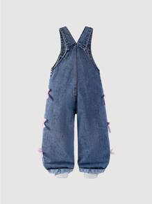 Young Girls Retro Mid-Blue Washed Denim Loose Straight Fit Overalls With Bow Decoration, Soft & Comfortable Casual Wear Toddler Girl Overalls Girl Denim Overalls Overalls With Bows Jeans With Pink Bows Bow Jeans