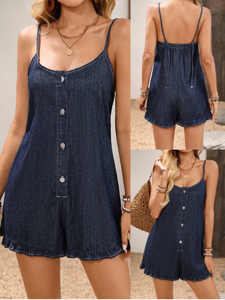 Breezaya 女式夏季单排扣休闲牛仔连体裤 - 深色水洗藍 - 查看 1