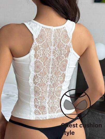 DAZY Women Solid Color Built-In Padded Lace Patchwork See-Through Back Camisole Top