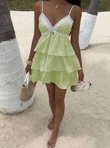 Sunnyshic Women's Vacation Casual Lace Trim Ruffle Hem Cami Mini Dress - Green - View 7