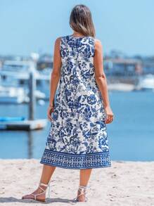 Sylviya 春夏休闲度假波西米亚风瓷器印花女士无袖中长连衣裙