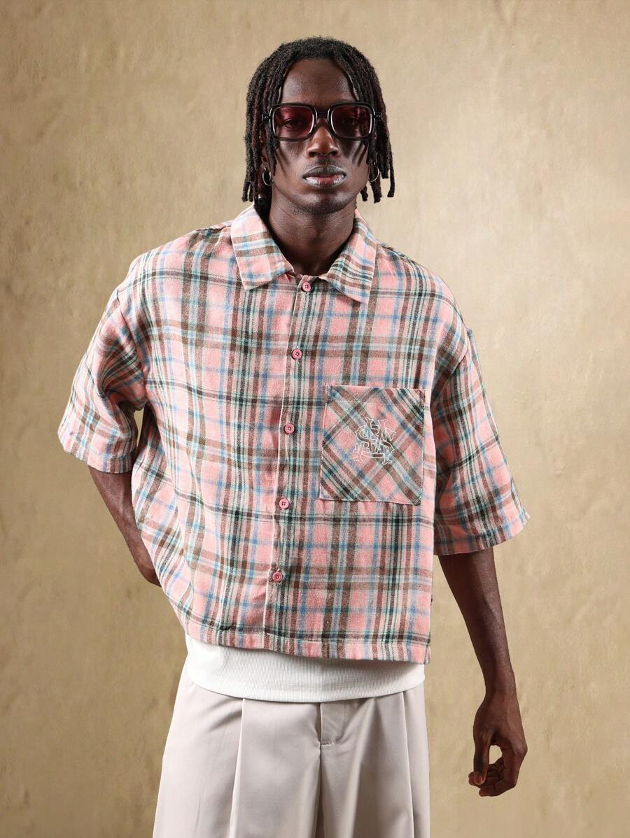 SUMWON Retro Rutig Skjorta Med Broderad Märke Casual Boxig Kortärmad Klassisk Sommar Vår Festival Streetwear Topp - Multifärgad - Visa 1