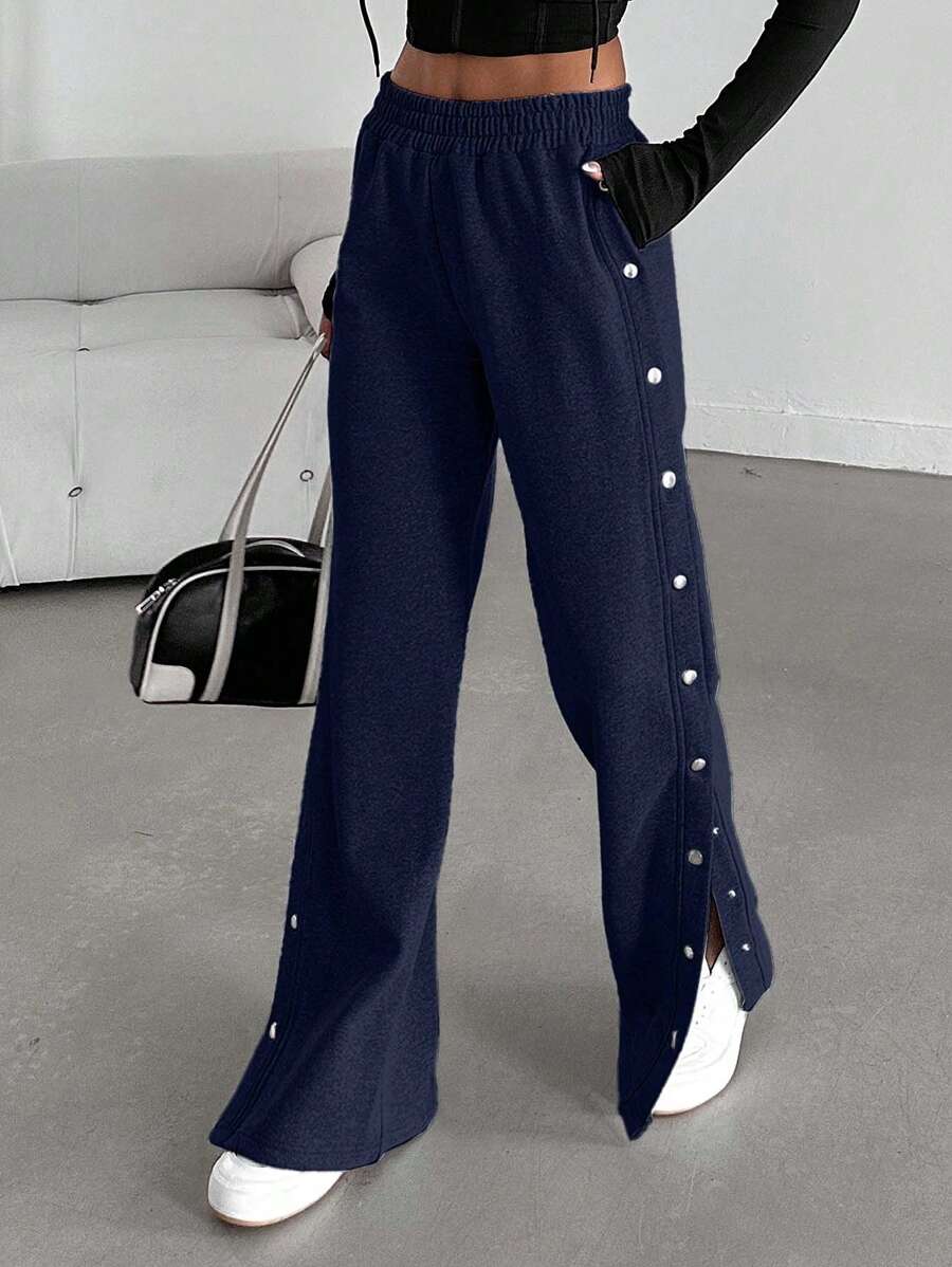 EURMUSE Cotton Button Side Slit Hem Wide Leg Pants - Navy Blue - View 1