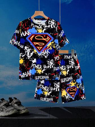 SUPERMAN X SHEIN Set di pigiama bambino pre-adolescente con maglietta a maniche corte nera e pantaloncini con stampa casual di supereroi colorati e graffiti