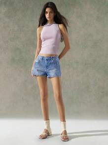 LYSMO 女士休闲宽松口袋牛仔短裤，百搭 - 淺色水洗藍 - 查看 3